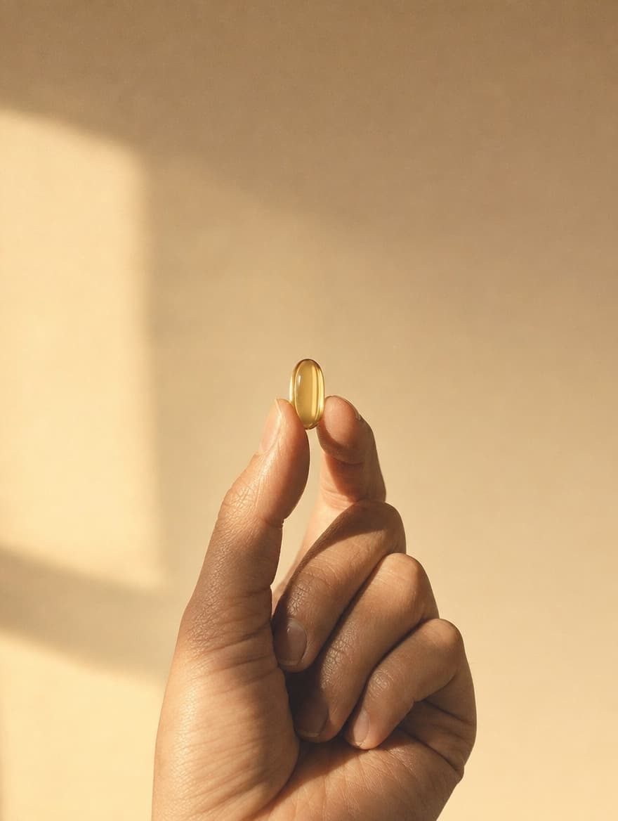 A hand holding a translucent wellness capsule in warm light