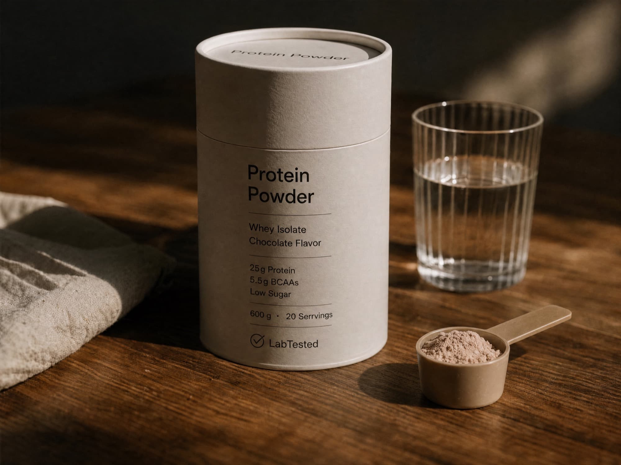 Protein powder beside a glass of water and a filled scoop